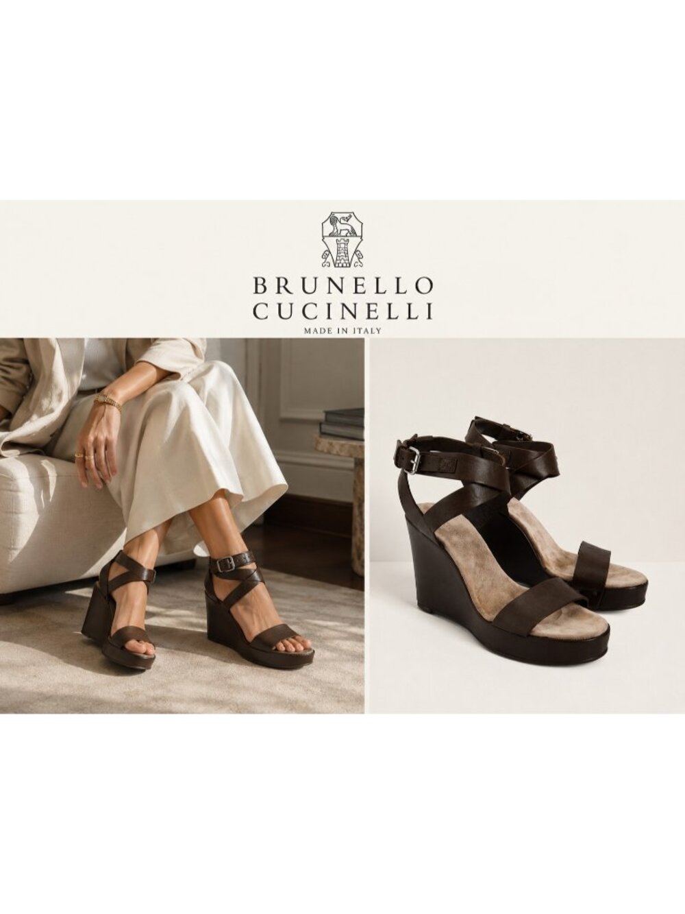 Brunello Cucinelli Brown Leather Platform Wedge Sandals 37.5 Italy